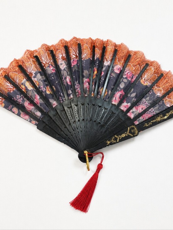 Unbranded Accessories - Vintage Style Floral Folding Hand Fan Black Gold Glitter Lace Tassel 9 Inch